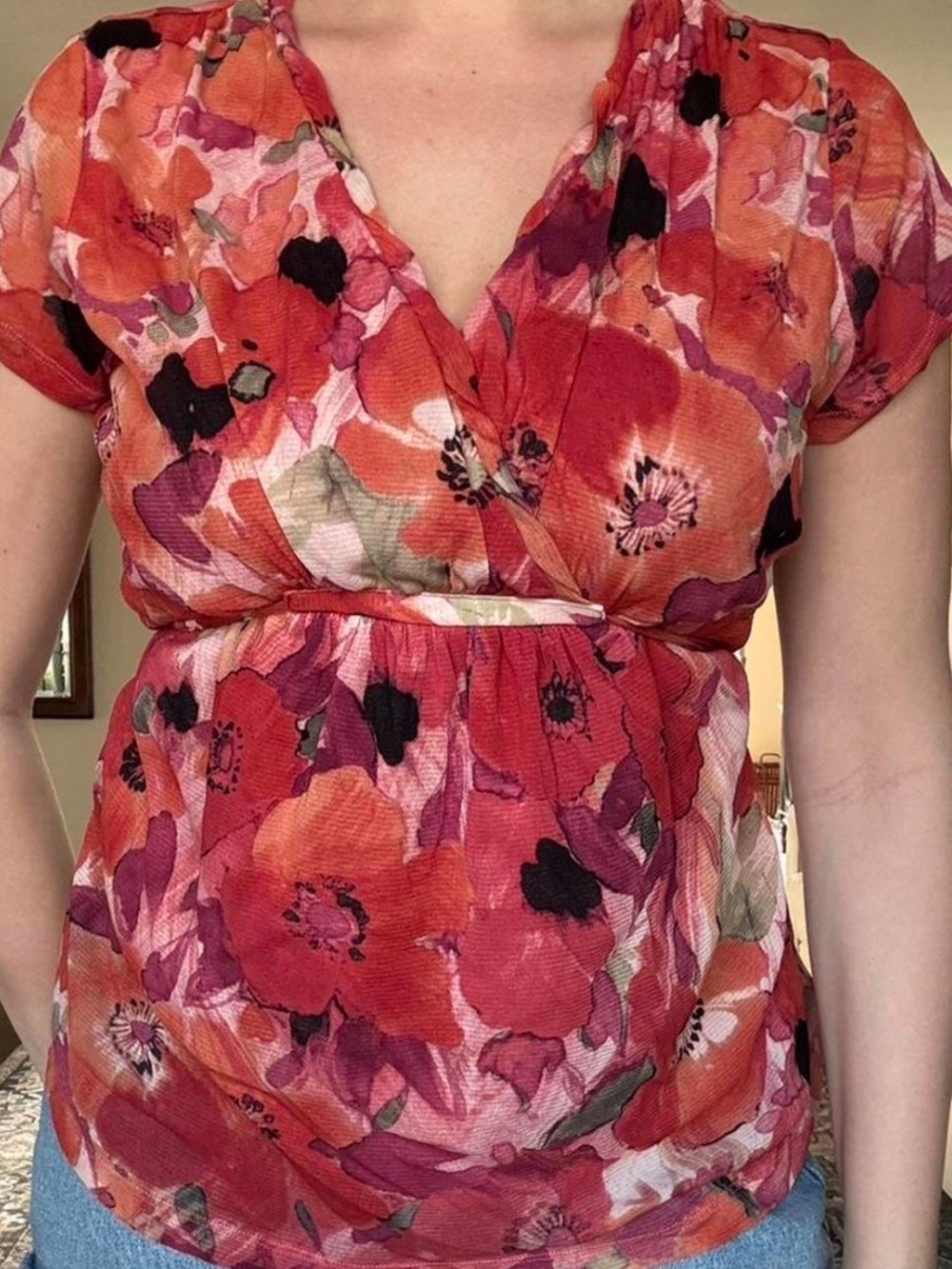 Axcess Floral Wrap-Front Blouse in Red and Pink